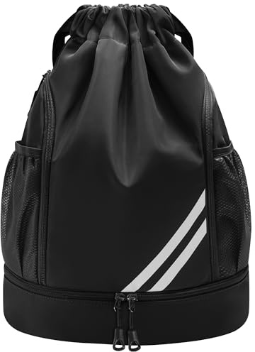 Vortix Turnbeutel für Jungen Damen Herren Kinder, Sportbeutel mit Kordelzug, Wasserdichter Turnbeutel mit Schuhfach, Gym Bag für Basketball, Fußball, Sport, Yoga und Schwimmen (Schwarz) (Schwarz)