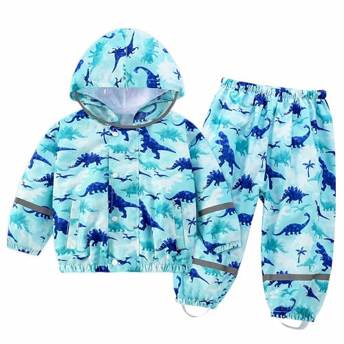 FILOWA Tuta Impermeabile con Cappuccio Bambino Tuta Antipioggia Completo Leggero Impermeabili Giacca & Pantaloni con Strisce Riflettenti Tuta Pioggia Waterproof Abbigliamento per Ragazzo 1-2 anni