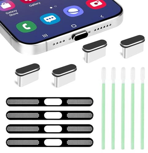 WinHoliLux 8 Pack USB-C Dust Protection Plugs, Aluminum Alloy Type-C Charging Port Cover, Speaker Dust Covers, Metal Dustproof Mesh Stickers with Cleaning Brush for iPhone 15/16 Series