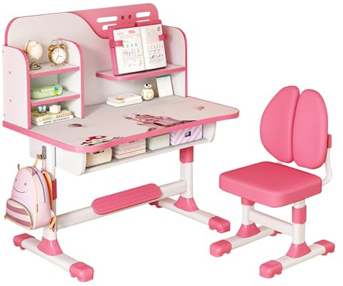 kiskick Kinder-Schreibtisch-Stuhl-Set, Schüler-Schreibtisch, Lerntisch, multifunktionales Schulstudiertisch, Stuhl-Set mit Astronautenmuster, ergonomischer Schreibtischstuhl mit Bücherregal und