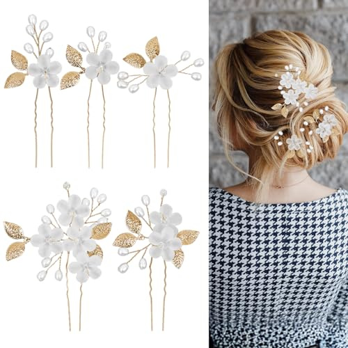 5-teiliges Hochzeits-Haar-Accessoire für Damen, Braut-Haarnadeln, Blumen, Brautjungfern-Haarschmuck, Blumen, Hochzeits-Haarnadeln für Bräute, Brautjungfern, Frauen und Mädchen (Gold)