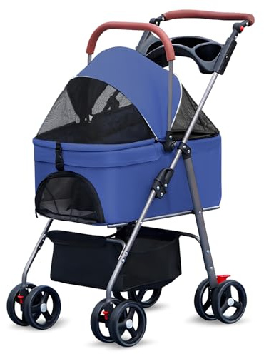 2 in 1 Haustier-Kinderwagen, zusammenklappbarer Hundewagen, abnehmbarer Korb Hundebuggy mit Aufbewahrungskorb, Getränkehalter und verstellbarem Baldachin und Griff für kleine/mittelgroße Haustiere