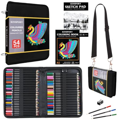 KINSPORY 54 Lápices de Colores con Minas Blandas 3.0 mm, Bloc de Dibujo 50 Hojas 3 Colores, Kit de Dibujo con Correa Ajustable para Hombro - Regalo para Adultos Artistas Principiantes Niñas Niños