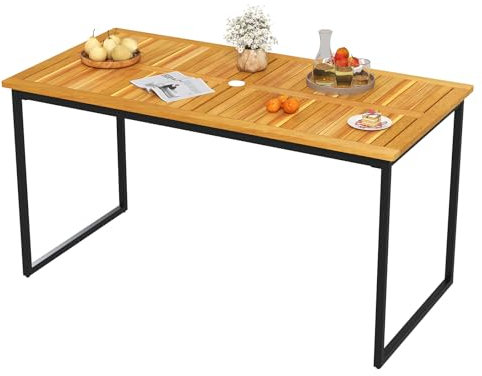 Tavolo da Pranzo in Legno di Acacia per 6 Persone, Tavolo da Giardino Rettangolare con Piano a Doghe, Struttura in Metallo e Foro per Ombrellone, Arredo da Esterno per Cortile e Giardino