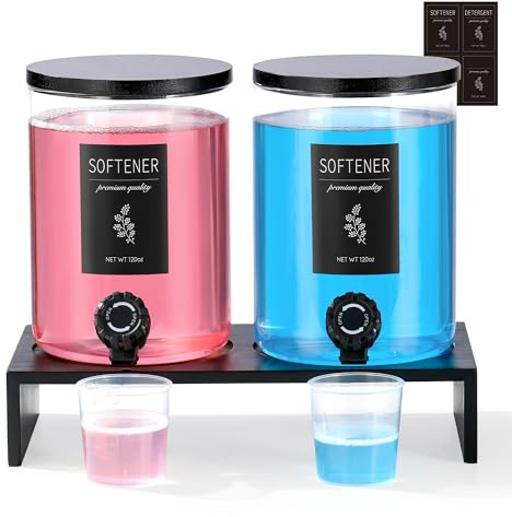 Glass Laundry Detergent Dispenser with Shelf & Black Bamboo Lid - 120 Oz Liquid Detergent, Laundry Soap & Fabric Softener Dispenser for Laundry Room Organization and Storage with 2 Cups & 8 Labels