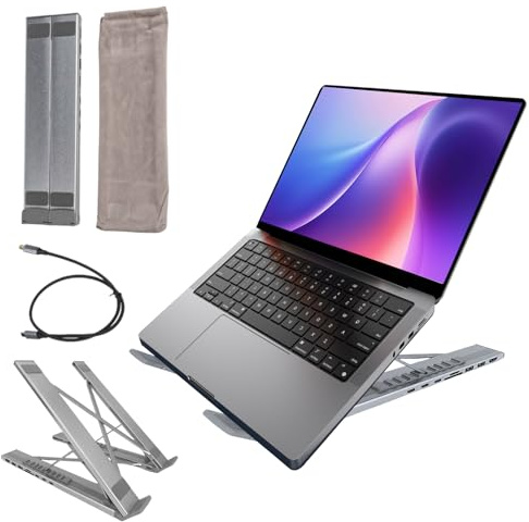ZAMETTER Soporte para portátil 8 en 1 profesional de aluminio para laptop, estación de acoplamiento USB de carga rápida de 100 W, soporte para tableta, soporte portátil para laptop con lector de