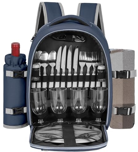 FREEAMG Sac à Dos de Pique-Nique pour 4 Personnes avec Compartiment Réfrigérants Isolés et Étanches, 30 Pièces Sac de Pique-Nique avec Ensemble et Couverture, pour Plage, Camping, Randonnée (Bleu)