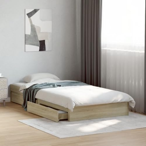 Emmtore Bettgestell mit Schubladen für Schlafzimmer, Bettrahmen mit Lattenrost, Schlafzimmerbett Sonoma-Eiche 100x200cm Holzwerkstoff