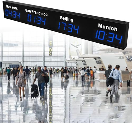 Reloj mundial digital LED grande, con zonas horarias 3, 4 y 5, para montaje en pared, con zonas horarias de ciudad ajustables. Se puede cambiar la ciudad. Ideal para hoteles y empresas multinacional
