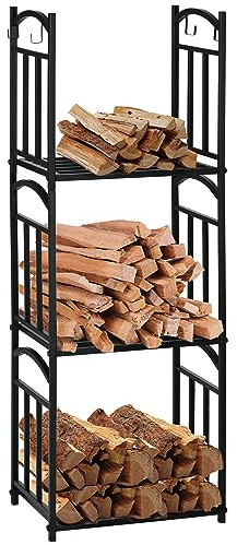 Outsunny Kaminholzregal für innen 46 x 32 x 126 cm 3 Ebenen Brennholzregal mit 4 Haken Griffe, Kaminholzständer für Kamin Ofen Kaminholzhalter Holzregal für Feuerholz, Stapelholz, Metall Schwarz