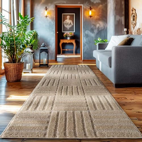 HomebyHome Teppich Läufer 80x250 cm Beige Hochflor Skandi Boho Karo Design Hoch-Tief Effekt Weicher Shaggy Langflor Flauschig Robust Pflegeleicht Modern für Schlafzimmer, Flur