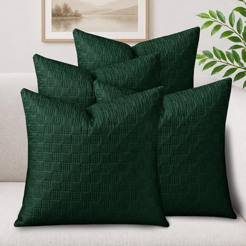 Hafaa Cushions with Covers Included 45 x 45 cm Emerald 8 Pcs (4-Cushion Covers, 4-Inserts) Ultrasonic Checked Velvet Square Throw Pillow Cases with Invisible Zipper for Home Decor Sofa Bedroom