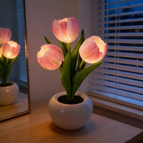AWSOLAR Battery-Operated Tulip Night Light, Artificial Pink Tulip Lamp, Flower Lamp in Ceramic Pot, Tulip Gifts for Women Girl