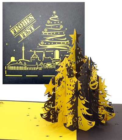 Cologne Cards 3D Weihnachtskarte „Dortmund Skyline - Weihnachten in Schwarz Gelb“ Weihnachtskarte mit Tannenbaum – für Dortmund-Fans
