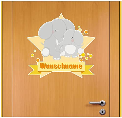 Samunshi® Kuschelnde Elefanten Wandtattoo Türschild mit Name personalisierbar Kinderzimmer Türaufkleber Baby Wandaufkleber - 50x43cm mehrfarbig