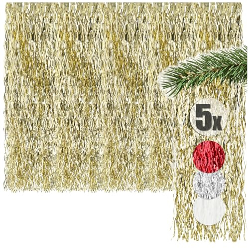 com-four® 5X Lametta, Goldfarbene Lametta Girlande für Weihnachten | Christbaumschmuck für den Tannenbaum - Lametta-Vorhang mit welligen Fäden