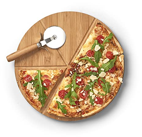 Zeller 25177 Pizza-Set, 2-tlg., Bambus/Metall, ca. Ø 32 x 1,5 cm, Set aus Schneidebrett und Pizzaschneider, schnittfestes Pizzabrett mit 6-fach Teilung für gleichmäßig große Stücke, Holzteller