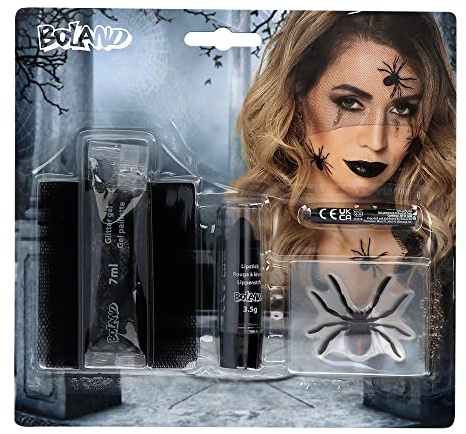 Boland 45097 - Schminkset Schwarze Witwe, 1 Tüllstoff, 1 Lippenstift, 4 Aufkleber, 1 Schminkstift und 1 Glitzergel, Schminke, Set, Make-Up, Spinne, Hexe, Halloween, Karneval, Mottoparty