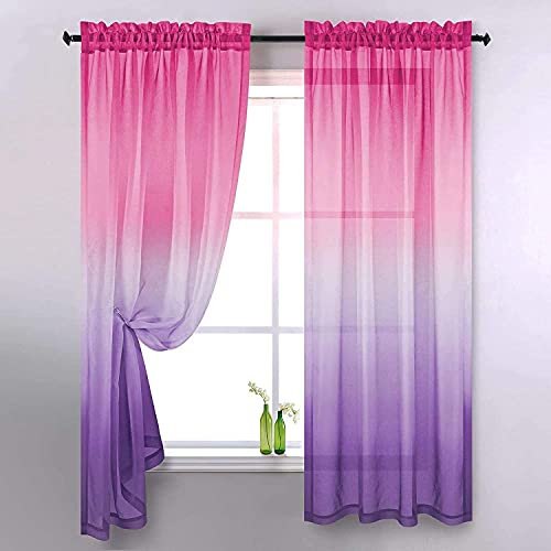 Ricemru Vorhange Farbverlauf Rosa Lila 2er Pack Gardinen Halbtransparent Bunt Kinderzimmer Mädchen Junge Voile Fensterschals für Wohnzimmer Schlafzimmer,106x213