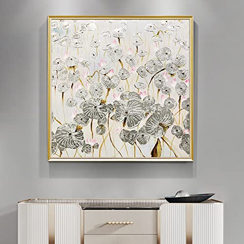 LCDIUDIU Acrylbilder Auf Leinwand Handgemalt, Silbergoldfolie Lotusblatt Blume Luxus Abstrakt Modern Original Handgemalte Ölgemälde Auf Leinwand Für Familienwand Wohnzimmer Esszimmer Home Art Decor,
