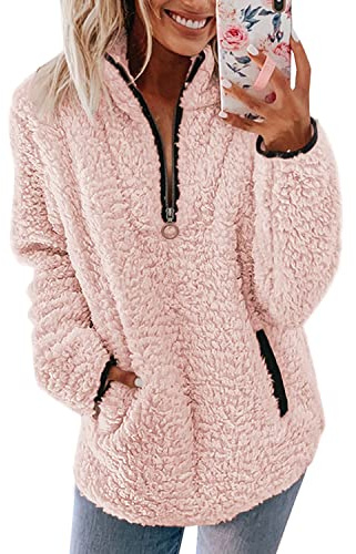 Nilimoph Womens Fleece Jumper Fluffy Jacket Hoodies Pullover Teddy Fleece Sweatshirts Casual Top Fuzzy 1/4 Zip Up Long Sleeve Stand Collar Cozy Coat Tops with Pockets