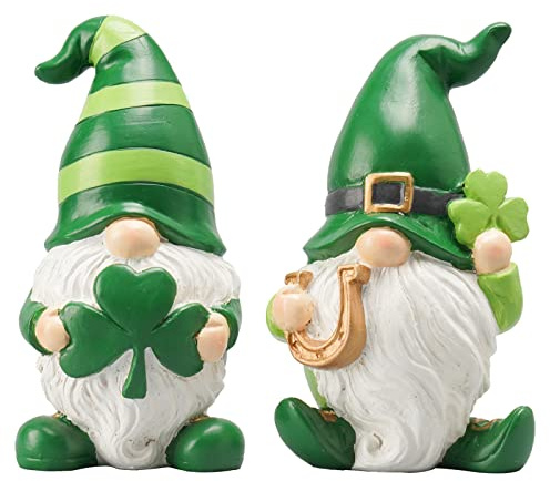 Newman House Studio St Patricks Day Decorations Gnome Décor - 2Pc Resin Gnome Figurines with Green Shamrock Horseshoe Modern Farmhouse Décor for Tabletop Home Décor