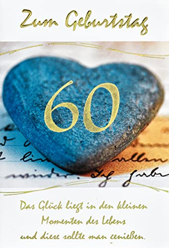 bsb 60. Geburtstagskarte Frau & Mann - Karte Geburtstag in 11,5 x 17,0 cm - Glückwunschkarte Geburtstag mit Steinherz-Motiv - 60. Geburtstag-Karte mit Umschlag - Geburtstagskarten