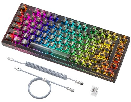 Gasket Teclado mecánico con cable intercambiable en caliente, 82 teclas,cromática RGB 16,8 M Retroiluminación para juegos, tecla de material de PC de alta transparencia, cable de teclado en espiral
