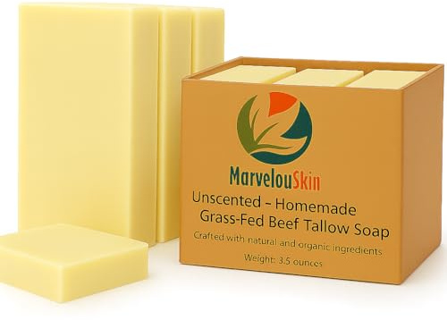 Unscented Tallow Soap Bar, Grass Fed Beef Tallow, Fragrance Free, Gentle Everyday Cleanse for Face and Body Including Sensitive Skin, No Added Parabens and Sulfates, Rich Creamy Lather, 3 Pack