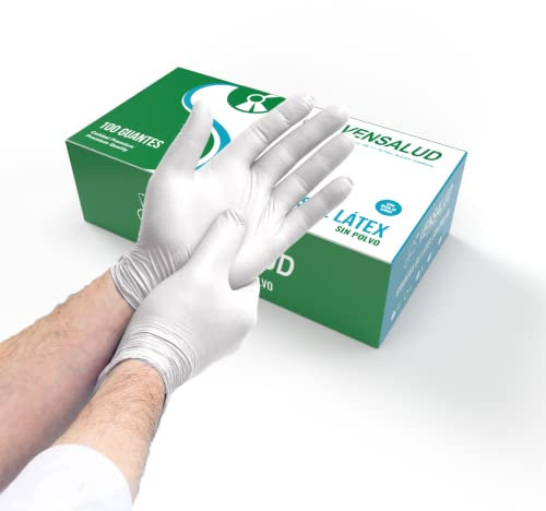 VENSALUD | Disposable LATEX Gloves | Powder Free | Resistant and Comfortable | For Laboratories, Sanitary, Kitchen, Tattoo Studios, Veterinary, Cleaning, Examination | 100 pcs. | White | Size L