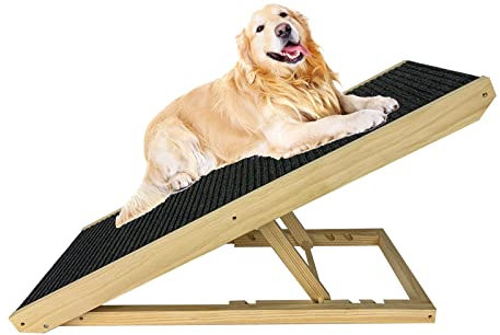 LZQ Hundetreppe Hunderampe Auto Klappbar für Kleine Hunde und Katzen, Tragbare Hundeleiter Höhenverstellbar Haustiertreppe aus Holz mit Anti-rutsch Teppich für Bett Sofa, 100 cm lang