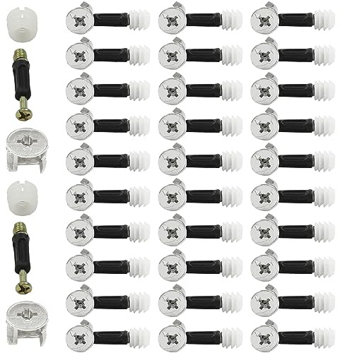Litoexpe 30 Sets 3-in-1 Furniture Connecting Kit, 11mm OD Pre-Inserted Nut, 15mm OD Cam Lock Fitting, 6x35mm Dowel Screws for Wardrobe Cabinet Drawer Dresser
