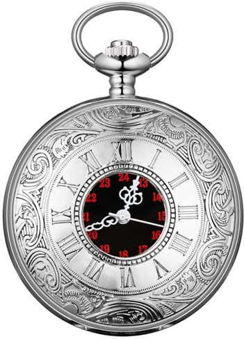 SIMAOTE Reloj de bolsillo de cuarzo vintage para hombre, reloj de bolsillo clásico Steampunk con cadena/esfera de números romanos/caja de regalo, Plateado-02, Clásico y Vintage
