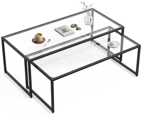 HOMCOM Juego de 2 mesas de centro rectangulares de acero con tapa de cristal templado negro