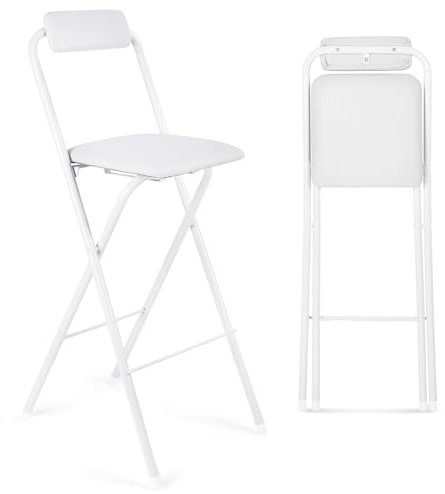 Suzile Folding Bar Stool with Backrest, Leather Padded Counter Height Foldable Stool, Portable Chairs Folding Seat Tall Bar Chairs for Outdoor Camping Kitchen Shop Cafe, White(29.5 Inch)