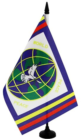 AZ FLAG Tischflagge Weltfrieden 21x14 cm Polyester 100D Kunststoffsockel | Für innen Peace Tischflagge genähte Ausführung mit verstärkten Kanten mit Kunststoffstab 100D Polyester