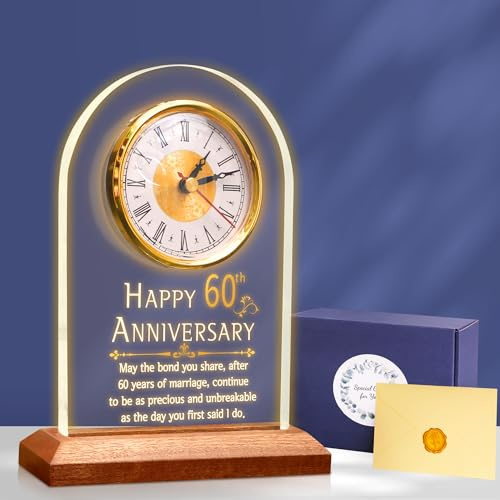 OkiyiD 60 Jahre Hochzeit Geschenk Jubiläum Quarzuhr Schreibtisch Tischuhr 60 Jahre Ehe Diamant Hochzeit für Paar Eltern Großeltern (60