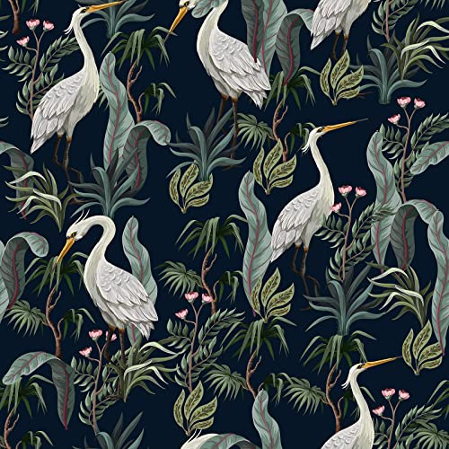 ReWallpaper Papier Peint Vintage Feuillage Vert Foncé Bleu Marine Papier Peint Jungle Tropicale Adhésif Mural Décoratif Autocollant Animaux Blanc Rouleau Vinyle Adhesif Motif Grue 44.5cm×3m