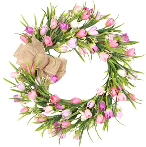 Tulip Wreath Artificial 16x16inch Spring Wreath Realistic Hanging Flower Wreath Vibrant Vivid Decorative Tulip Wreaths for Front Door Window Wall Tulip Wreaths for Front Door