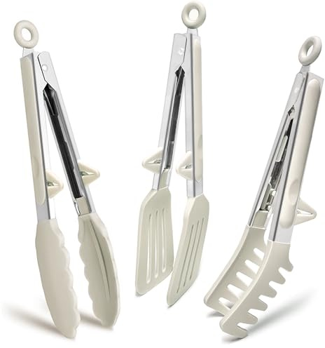 Kitchen Tongs, 9 Inch Tongs for Cooking with Silicone Tips, Food Grade Small Silicone Tongs, Mini Serving Tongs for Nonstick Pans, BBQ, Salad, Set of 3, White