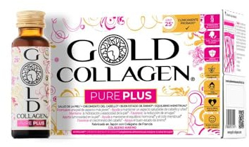 GOLD COLLAGEN Pure Plus - Complemento de Colágeno Marino Hidrolizado, Biotina para el Cabello Piel y Uñas Equilibrio Hormonal e Inmunitario con Vitamina C y Ácido Hialurónico 1 Caja 10 Botellitas 50ml