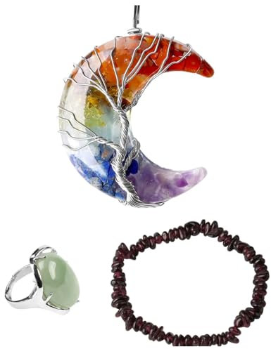 DyLyz Kristallschmuck Sets mit 7 Chakra Reiki Halbmond Anhänger Halskette winzigem Armband aus Naturperlen und ovalen verstellbaren Ringen aus grünem Aventurin für Frauen und Männer