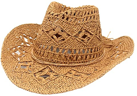 Yoisdtxc Cowboyhut aus Stroh für Damen, Sommer, Westernhut für Urlaub, Party, faltbar, Urlaub, Strand, Sonnenhut mit breiter Krempe, khaki, Einheitsgröße