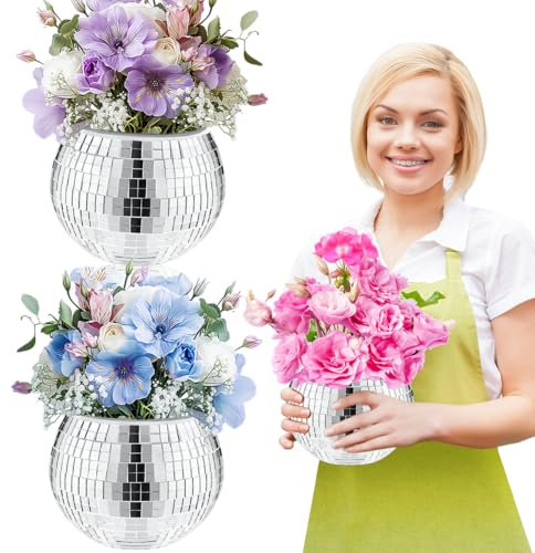 Esamploe 2 Pcs Disco Ball Vase,4.4 x 6 Inch Mirrored Disco Ball Planter,Disco Ball Candle Holders Perfect Disco Decorative Planters for Living Room Bedroom Dining Table Wedding Party Birthday