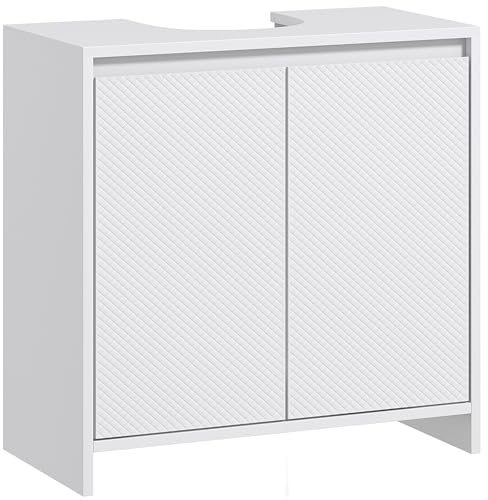 HOMCOM Mobile Sottolavabo Bagno con 2 Ante Decorate, Armadietto Bagno con Intaglio a U per Tubi, per Lavabi con o senza Colonna, 60x30x60cm, Bianco