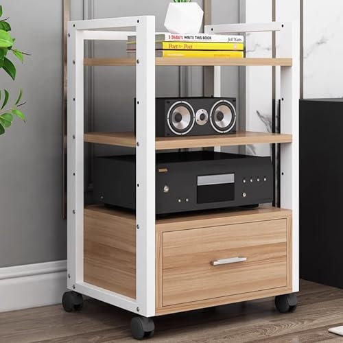 Hifi Rack Audioschrank mit Verstellbarem Regal, Stereo-Rack mit Weißem Rahmen, Rollen und Schublade, Aufbewahrung für Mediengeräte aus Holz für Das Heimkino im Wohnzimmer(79cm(31 1/8)- 3 Tier)
