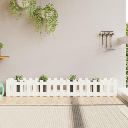 Xichuzi Hochbeet Lattenzaun-Design Weiß 200x30x30 cm Massivholz Kiefer, Palettenrahmen, Hochteich, Gemüsebeet, Kräuterregal Balkon, Blumenbeet, Kräuterspirale, Tomatenbeet, Pflanzhochbeet - 832503
