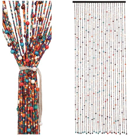 Btstil 90x200cm Bamboo Beaded Door Curtain, 27 Strands Boho Door Bead Curtain, Hanging Bamboo Wooden Bead Curtain Retro Handmade for Doors as Decoration & Insect Protection (Colorfui)