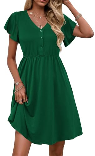 Zeagoo Vestiti da Donna Estivi Mini Abito con Scollo a V Casual Lunghezza al Ginocchio Abito a Maniche Corte Abito da Spiaggia Semplice Maniche con Volant Abito con Orlo a Linea con Tasche