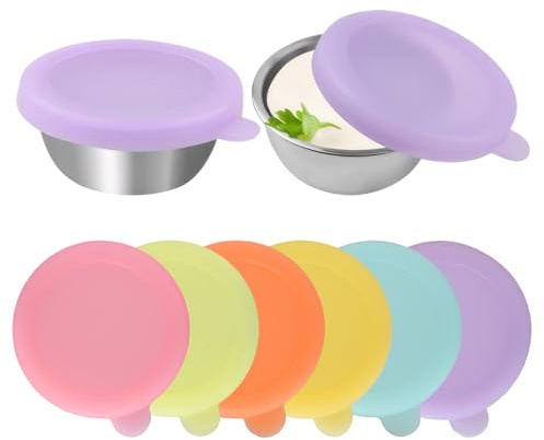 6 Pezzi Contenitore Condimento Insalata, Mini Contenitore per Salse, Contenitore Cibo per Alimenti Piccoli in Acciaio Inossidabile, con Silicone Coperchi, Riutilizzabile, per Salse, Condimenti